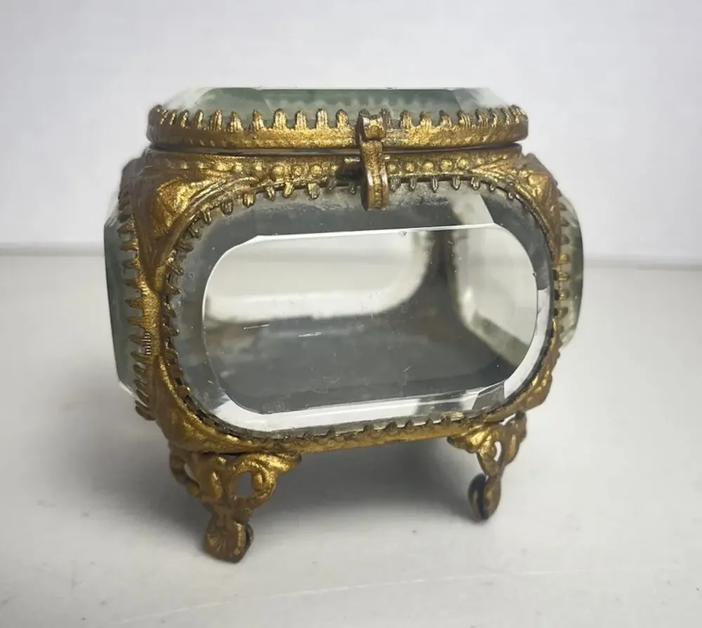 Vintage French Style Ormolu Gold Jewelry Box Casket Beveled Glass Footed Ornate